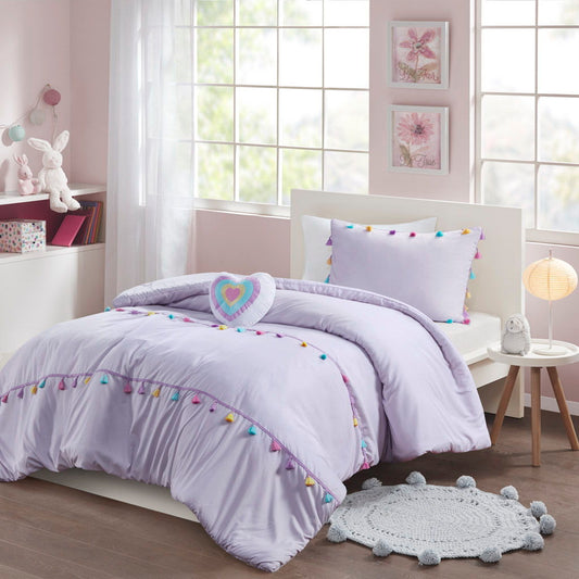 Tessa - 4 Piece Full/Queen Tassel Comforter Set With Heart Shaped Throw Pillow - Lavender - Snoozhouse