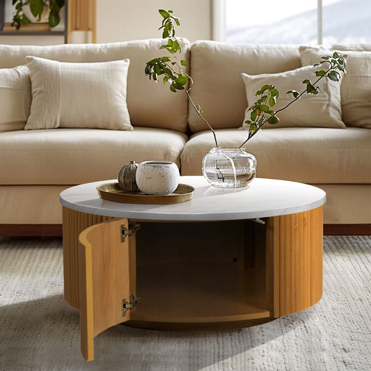 Layana - Faux White Marble Round Coffee Table With Storage - Natural/Faux White Marble INK+IVY