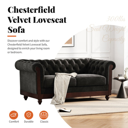 Chesterfield Velvet Loveseat Sofa, 2 Person Rolled Arm Upholstered Couch Noble House