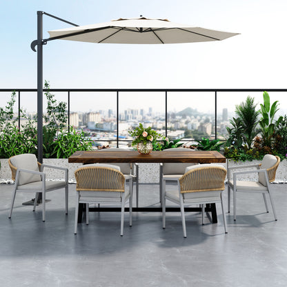 Outdoor Dining Set Acacia Wood Table With 6 Rattan Iron Chairs - Black / Natural / Gray Noble House
