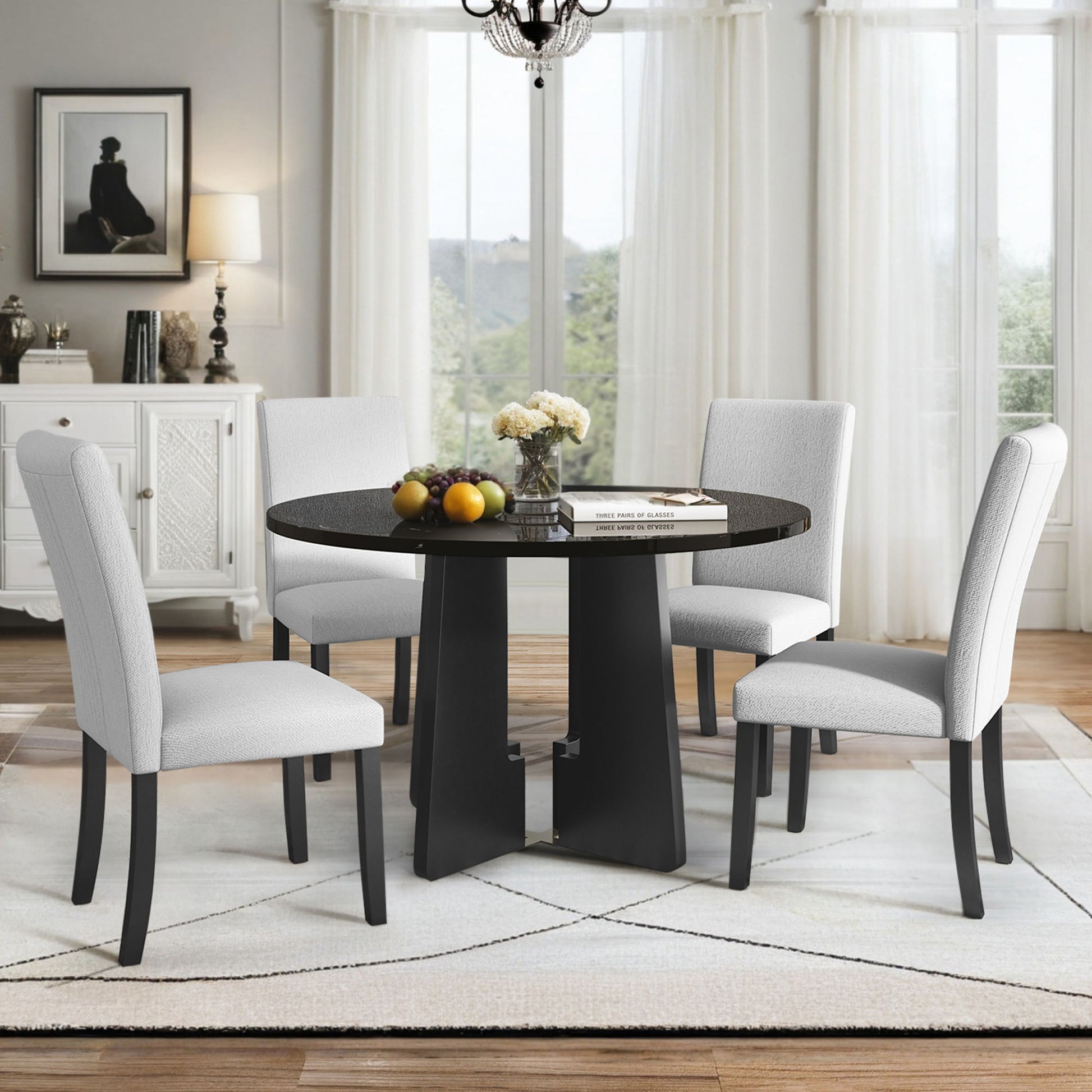 5 Piece Round Dining Table Set, Modern Dining Table And 4 Upholstered Chairs For Dining Room Hearth and Haven