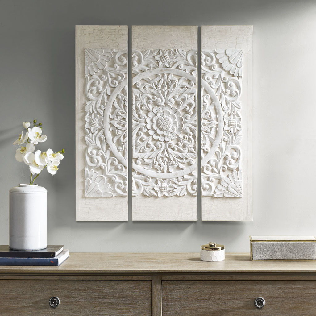 Mandala 3D Embellished Canvas (Set of 3) - Off White