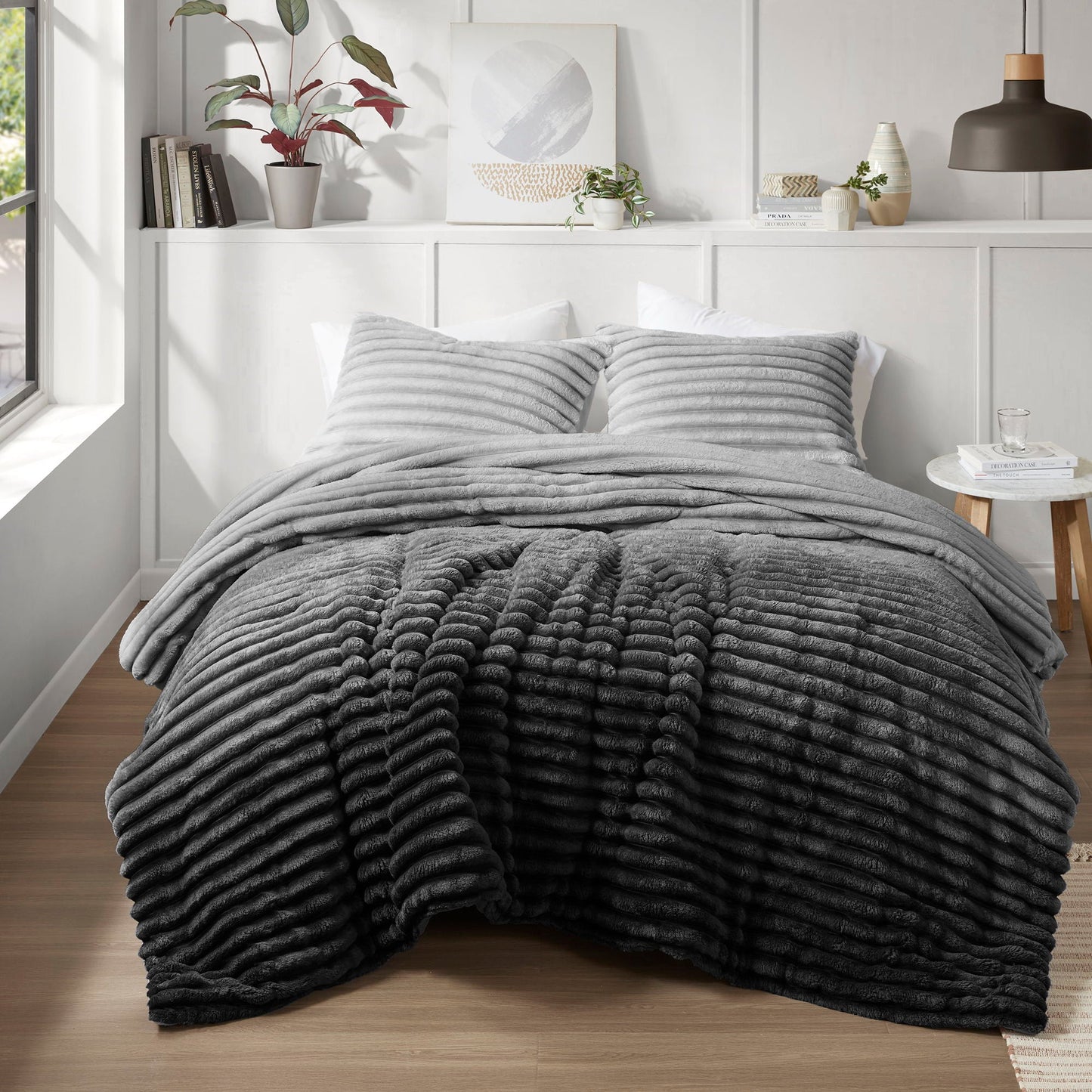 Avril - Twin/Twin Long Fluffy Ribbed Plush Comforter Set - Gray Ombre Super Listing