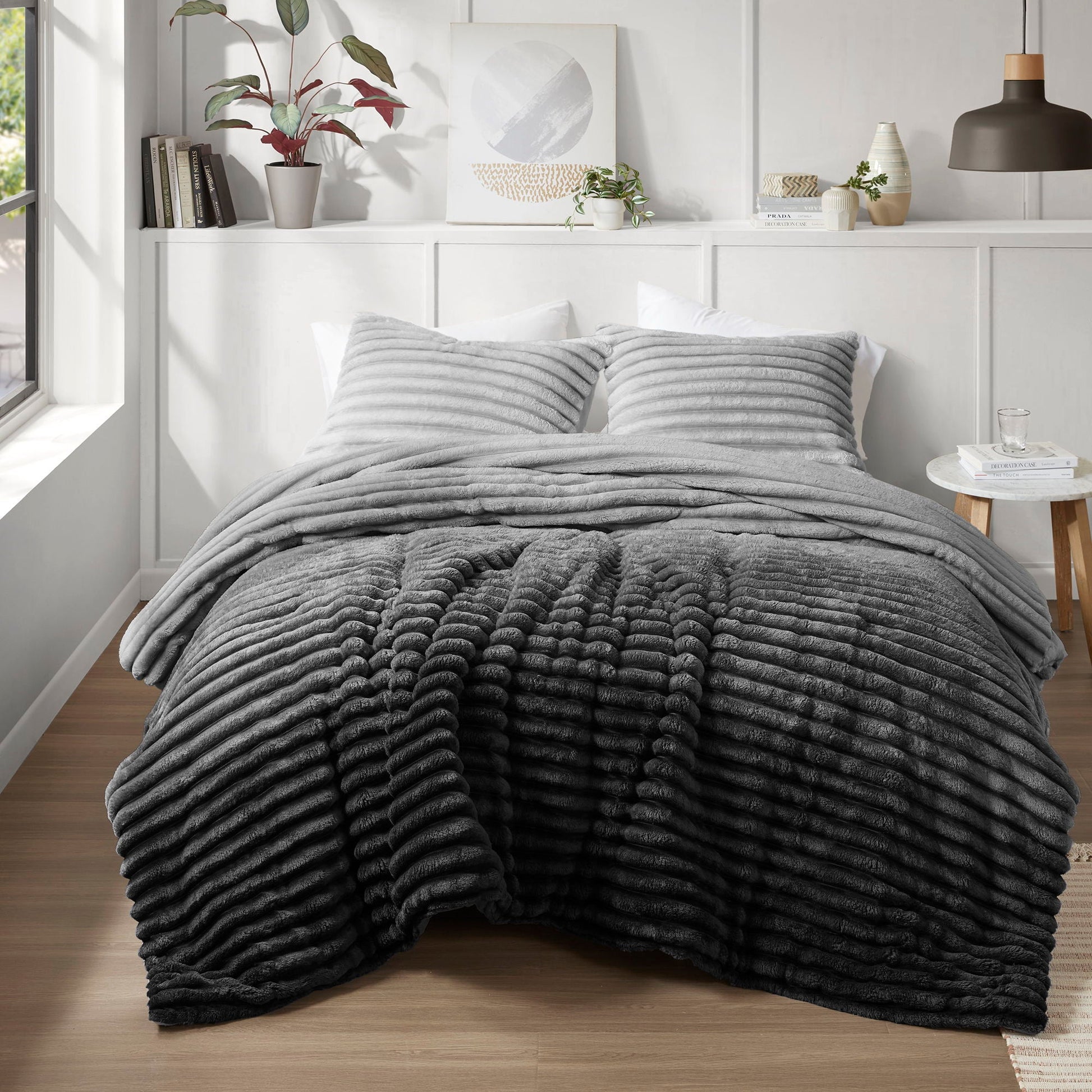 Avril - Twin/Twin Long Fluffy Ribbed Plush Comforter Set - Gray Ombre Super Listing