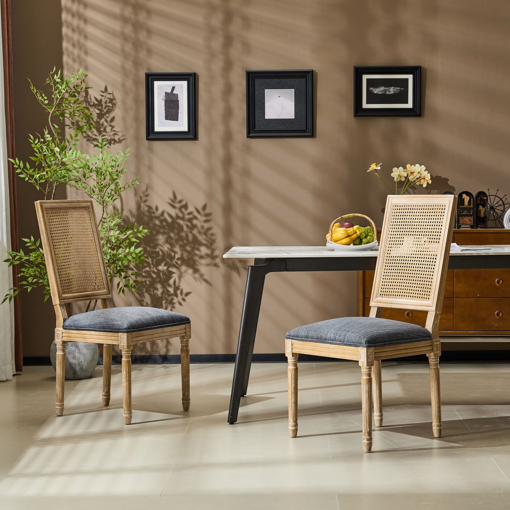 French Country Dining Chair With Rectangular Cane Backrest And Smooth Upholstered Seating Noble House