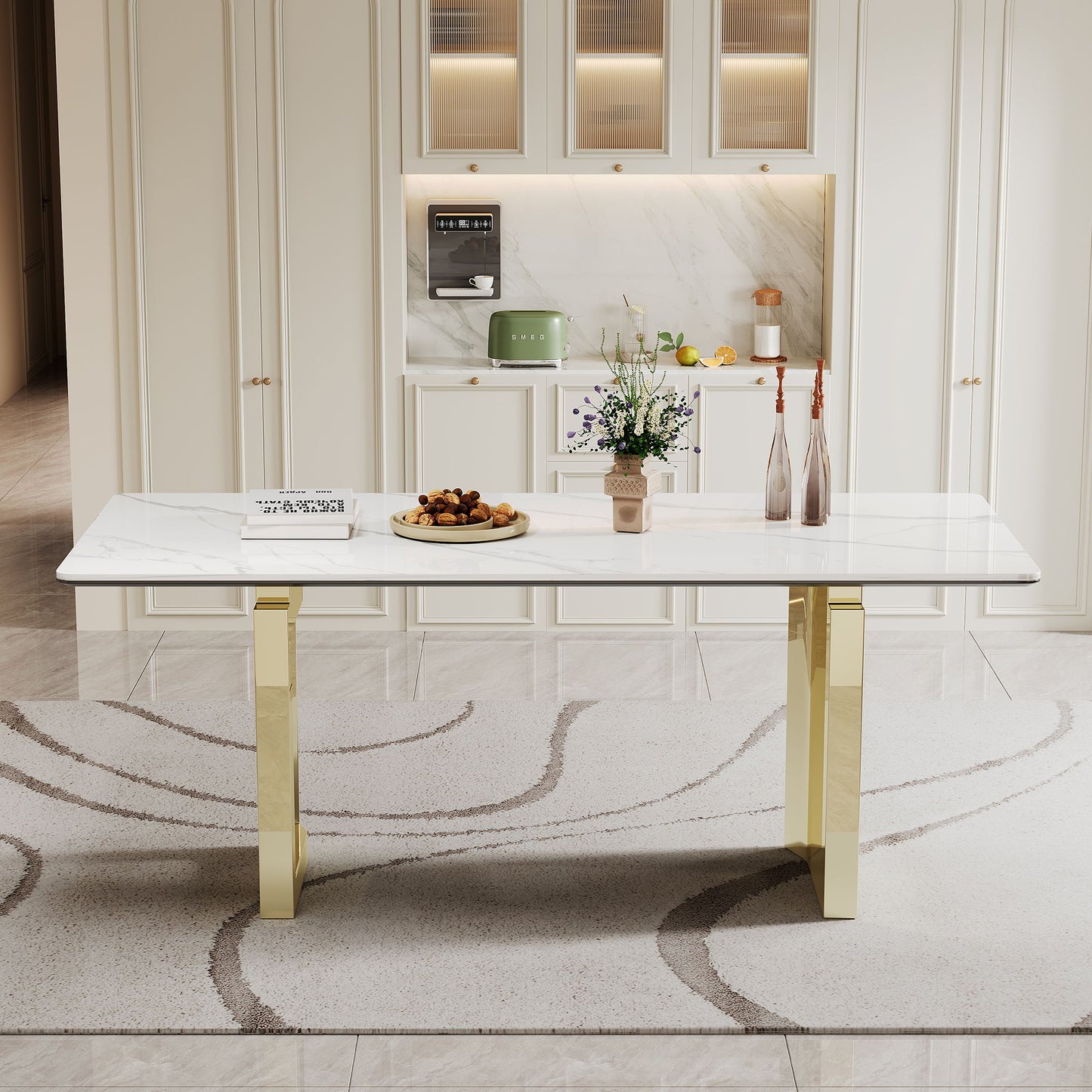 Sintered Stone Composite Tempered Glass Top Rectangular Dining Table With Stainless Steel Base Home Essentials