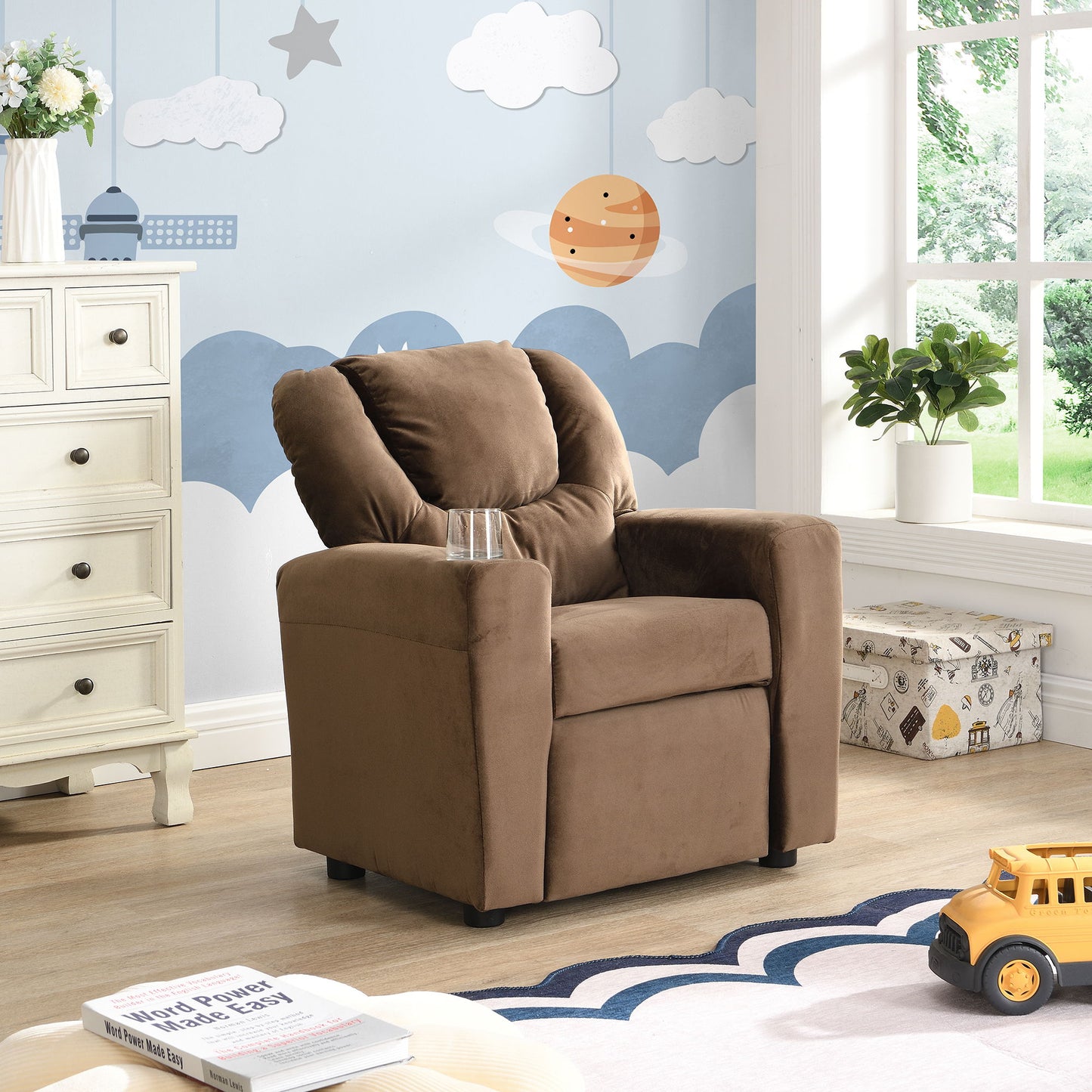 Kids Recliner Chair, Kids Upholstered Couch With One Cup Holder, Toddlers Recliner With Headrest And Footrest - Brown Home Essentials
