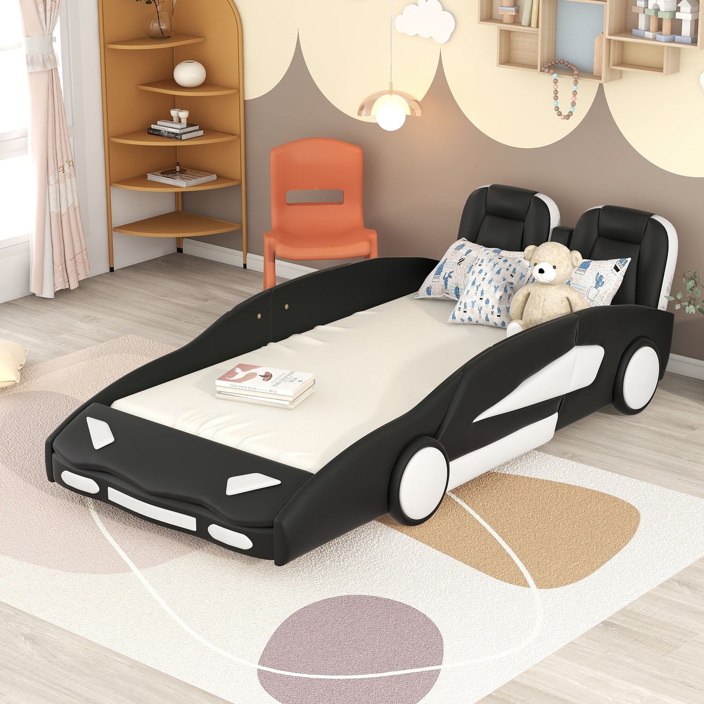 Race Car Shaped Twin Platform Bed With Wheels, Pine Wood Construction Hearth and Haven