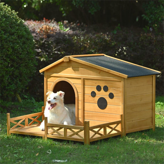 Wooden Dog House Outdoor With Porch, Dog Kennel With Water Resistant Asphalt Roof And Fencing, Indoor & Outdoor Dog Crate With Paw Print, Medium - Nature Daily Nest