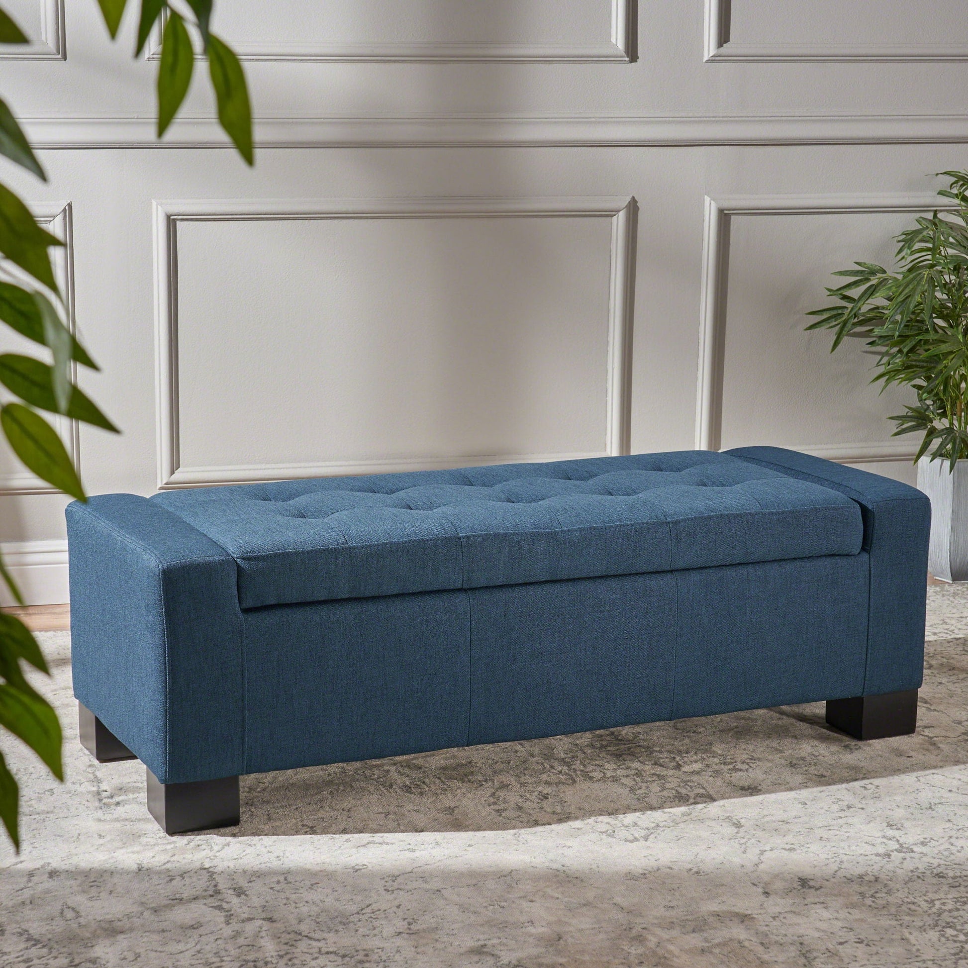 Empower - Button Tufted Waffle Upholstered Storage Ottoman With Wood Legs - Navy Blue Noble House