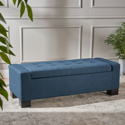 Empower - Button Tufted Waffle Upholstered Storage Ottoman With Wood Legs - Navy Blue Noble House