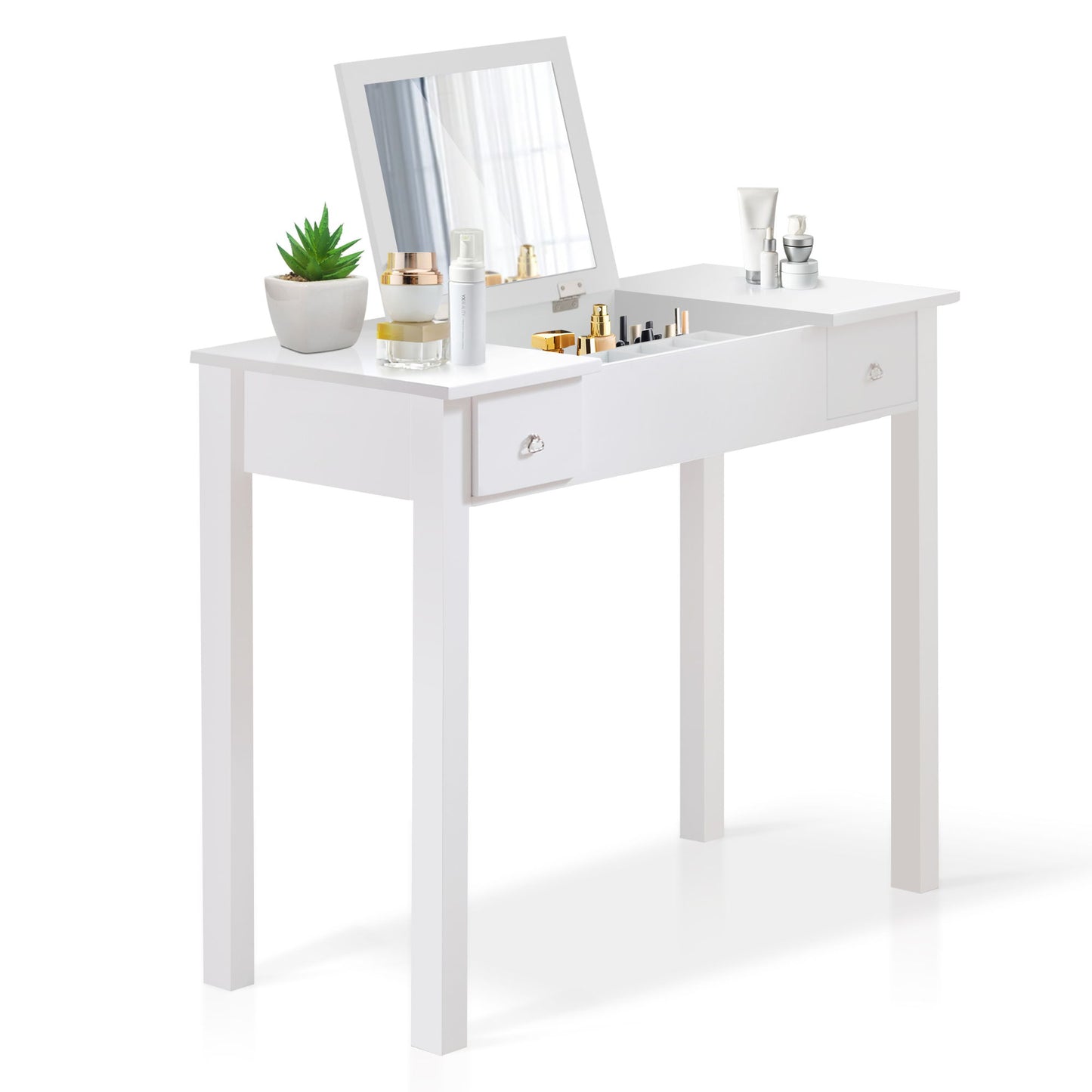 Accent Vanity Table With Flip-Top Mirror And 2 Drawers, Jewelry Storage For Women Dressing - White