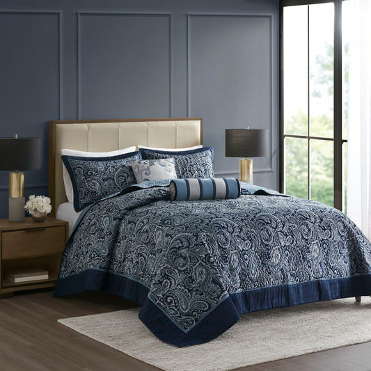 Aubrey - 5 Piece Jacquard Bedspread Set With Throw Pillows - Navy