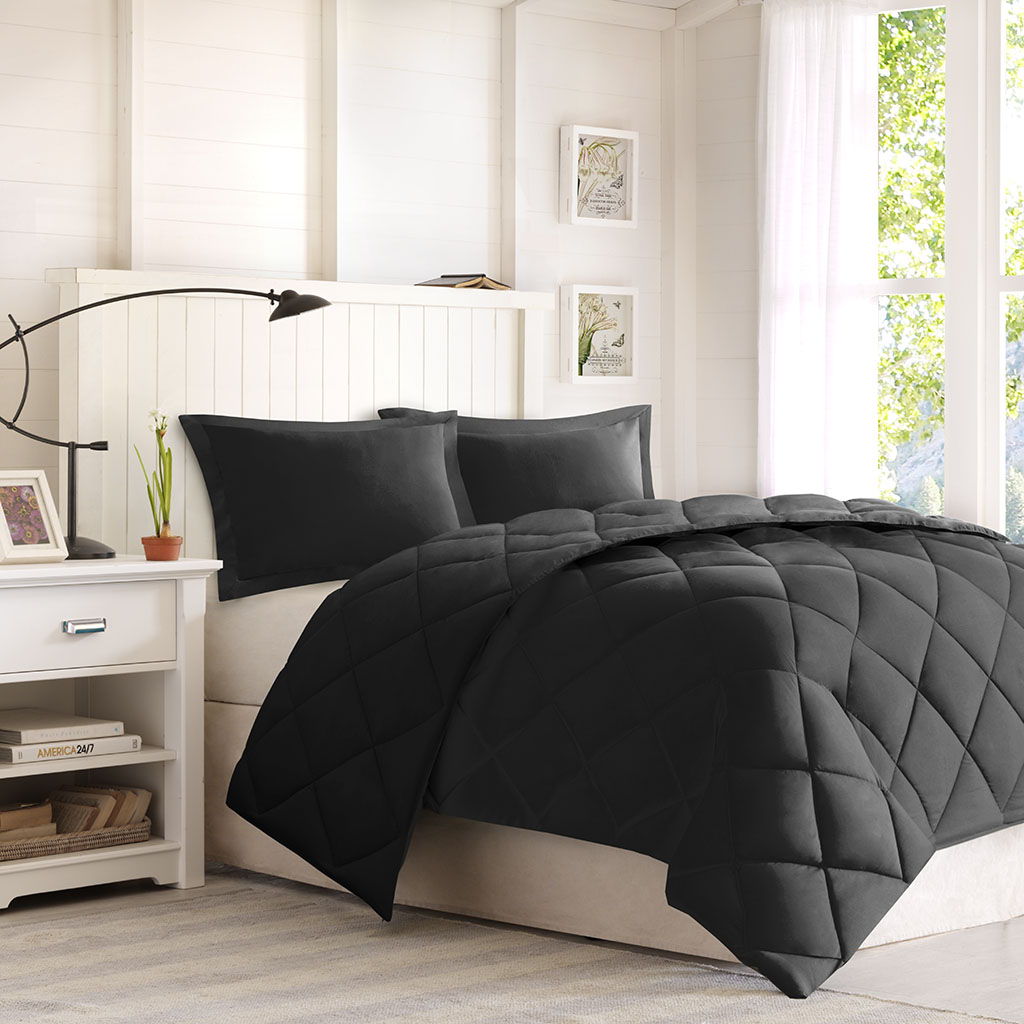 Larkspur - King 3M Scotchgard Diamond Quilting Reversible Down Alternative Comforter Set - Black Madison Park Essentials