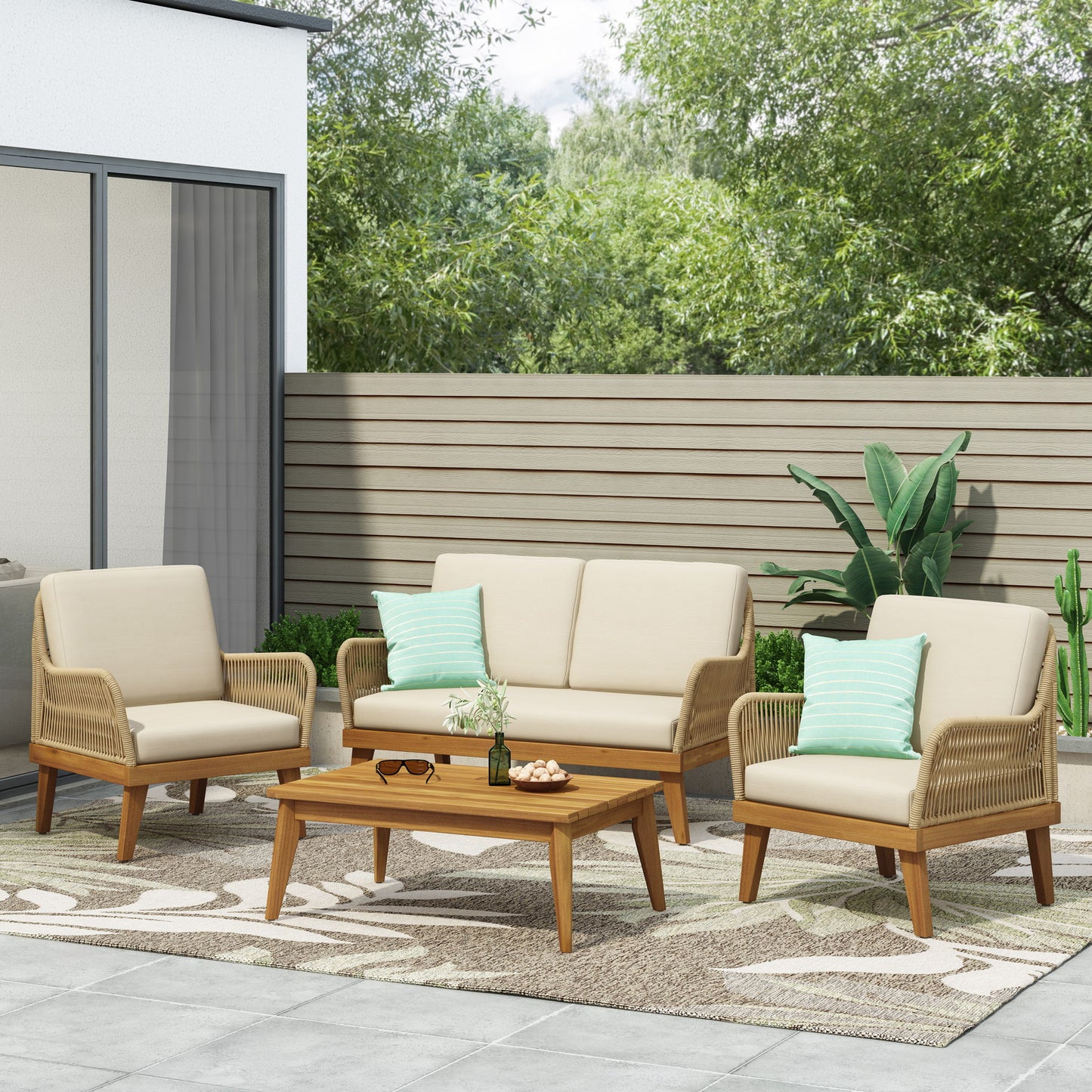 Hueber - Outdoor And Rope 4 Seater Chat Set With Cushions - Teak Noble House