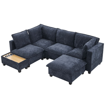 U-Shaped Sectional Modular Sofa With A Movable Ottoman, A Coffee Table With Hidden Charging Devices For Living Room Hearth and Haven