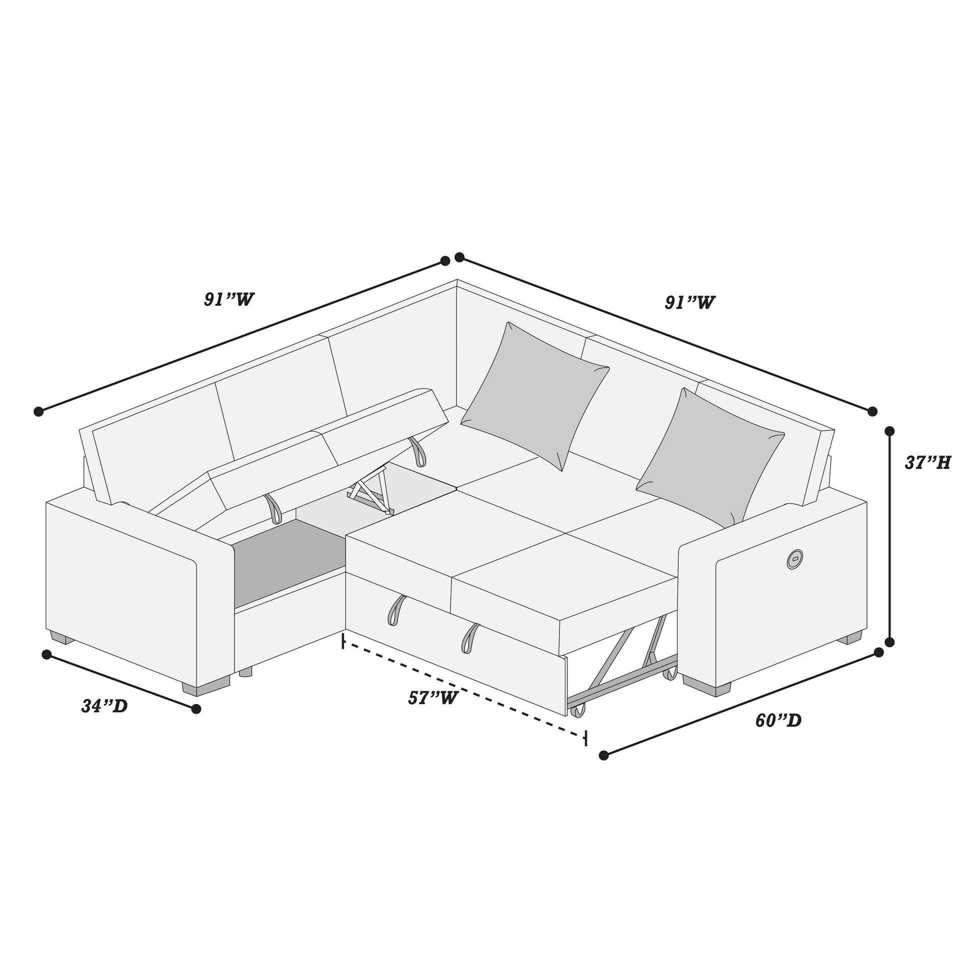 Convertible Sectional Upholstered Sleeper Sofa With Storage Chaise Home Essentials