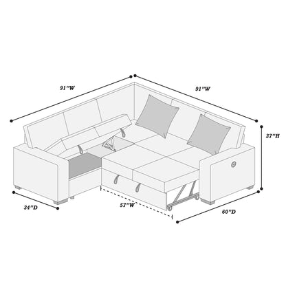 Convertible Sectional Upholstered Sleeper Sofa With Storage Chaise Home Essentials