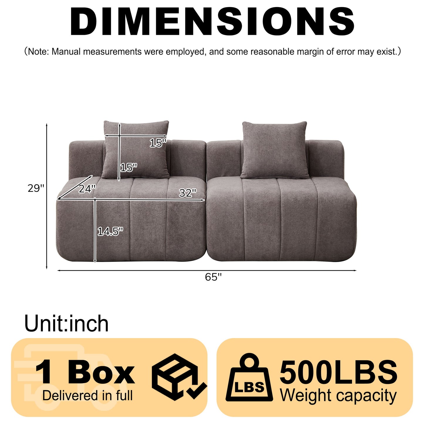 Modular Sectional Sofa With 2 Pillows, Symmetrical Design Home Essentials