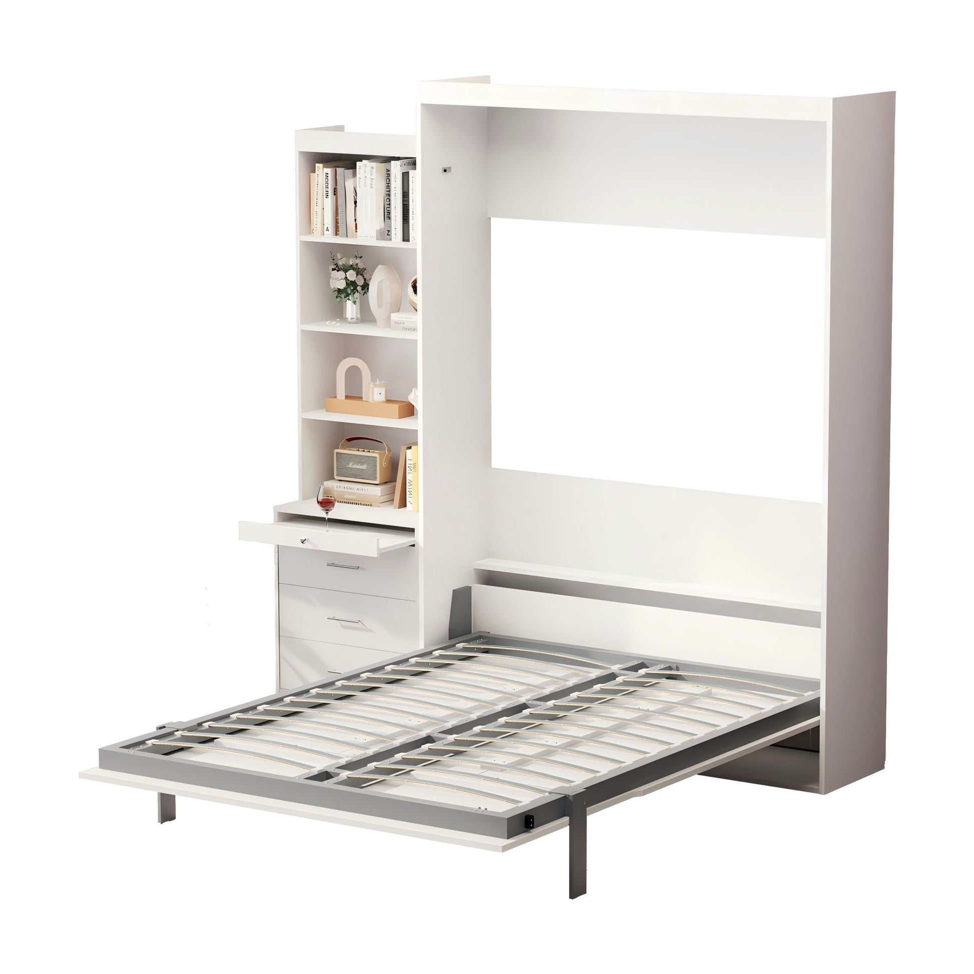 Morden Deisgn Vertical Murphy Bed With Shelf And Drawers For Bedroom Or Guestroom Wall Bed Space Saving Hidden Bed With New Style Gas Struts Home Essentials