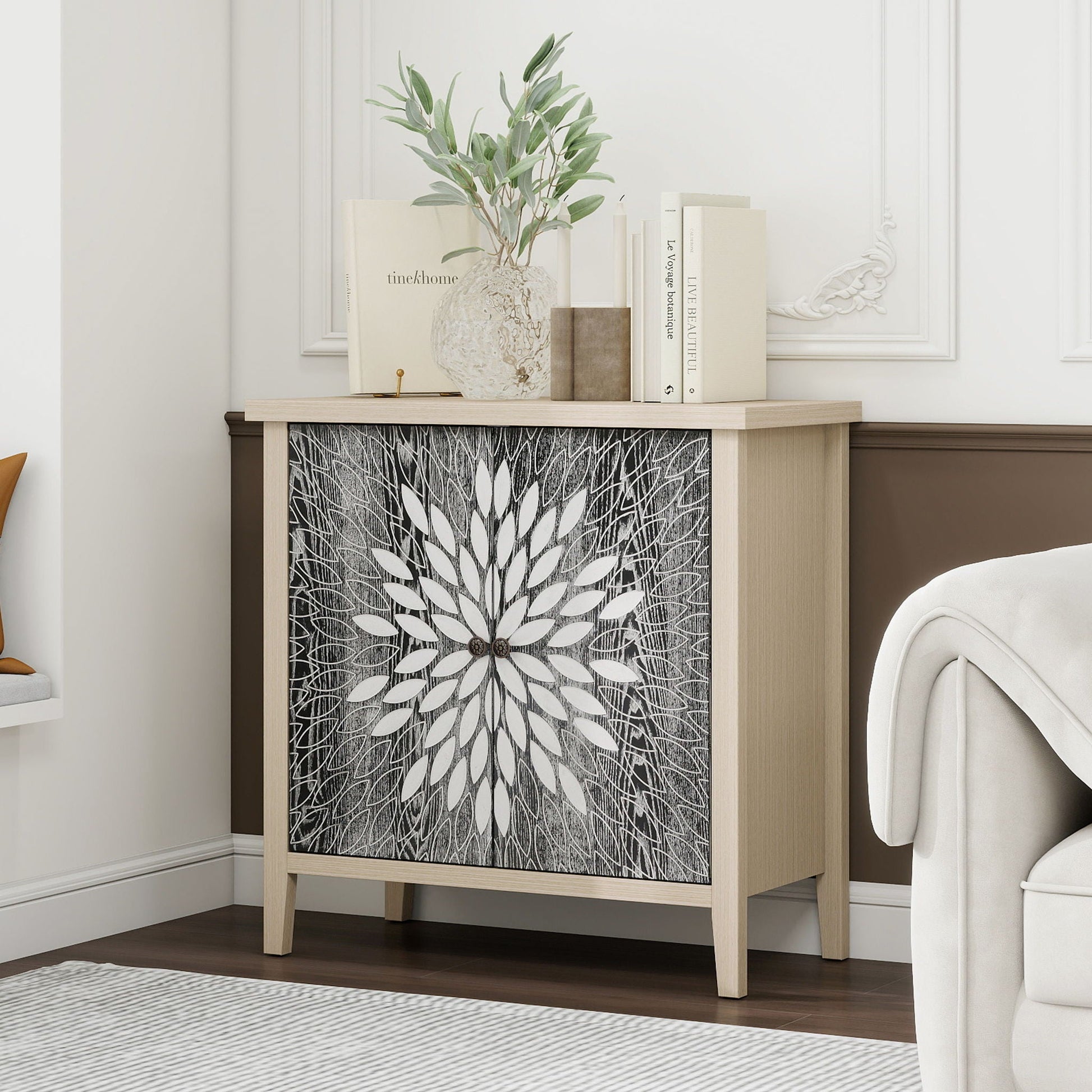 2 Door Carved Storage Cabinet With Adjustable Shelf, Accent Furniture Home Essentials