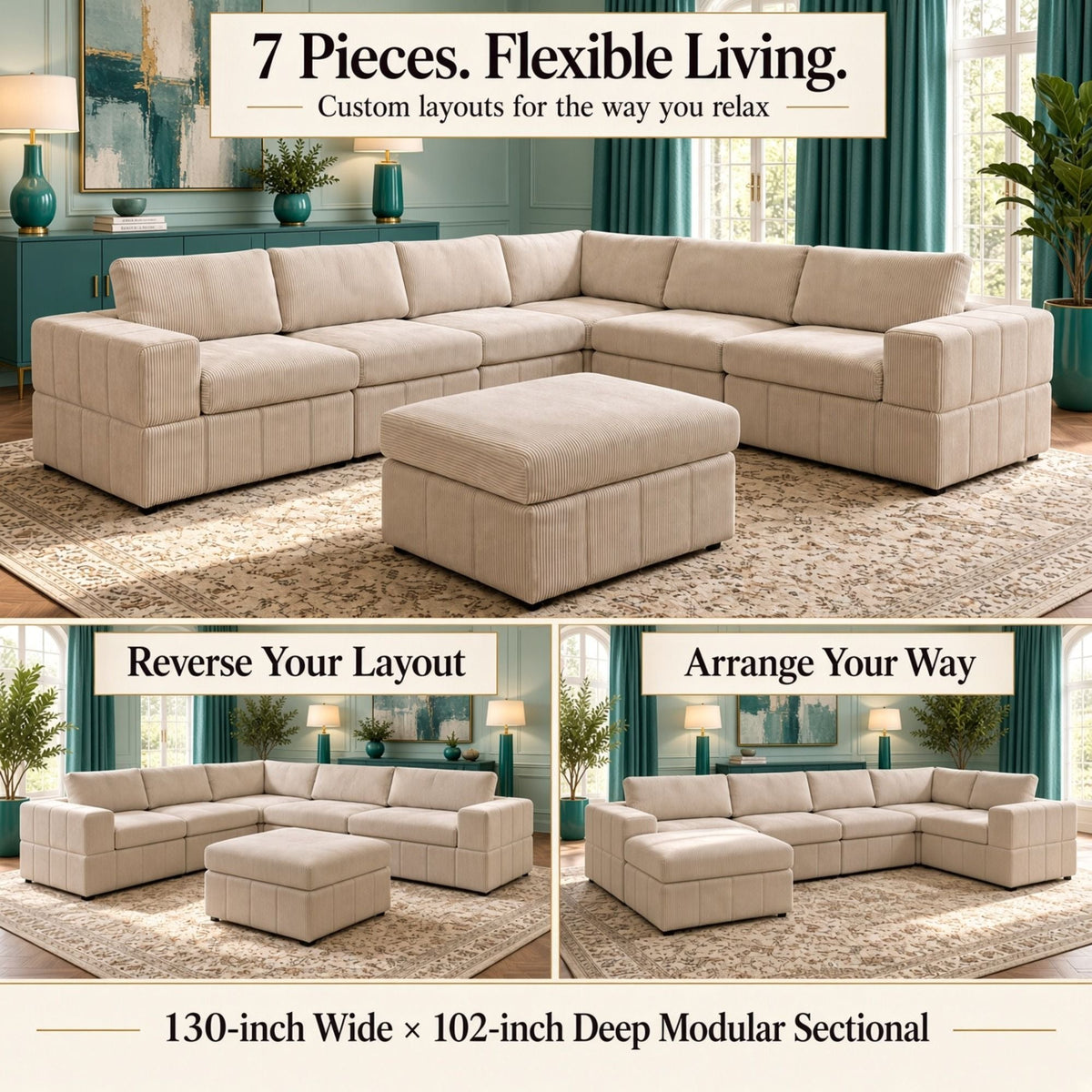 Oversized Modular Sectional Sofa, Reversible With Ottoman Home Essentials
