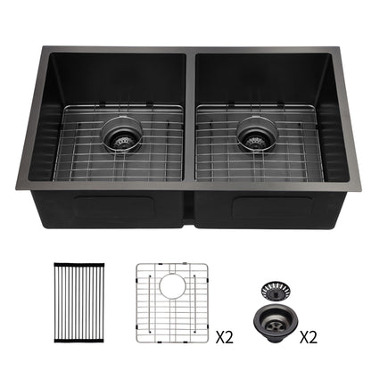 Double Bowl Undermount Kitchen Sink 16 Gauge 33" X 19" With Dual 10" Deep Basins - Gunmetal Black Daily Nest