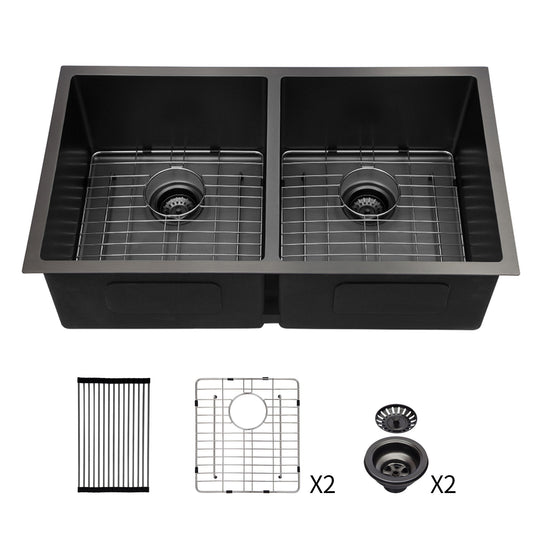 Double Bowl Undermount Kitchen Sink 16 Gauge 33" X 19" With Dual 10" Deep Basins - Gunmetal Black Daily Nest