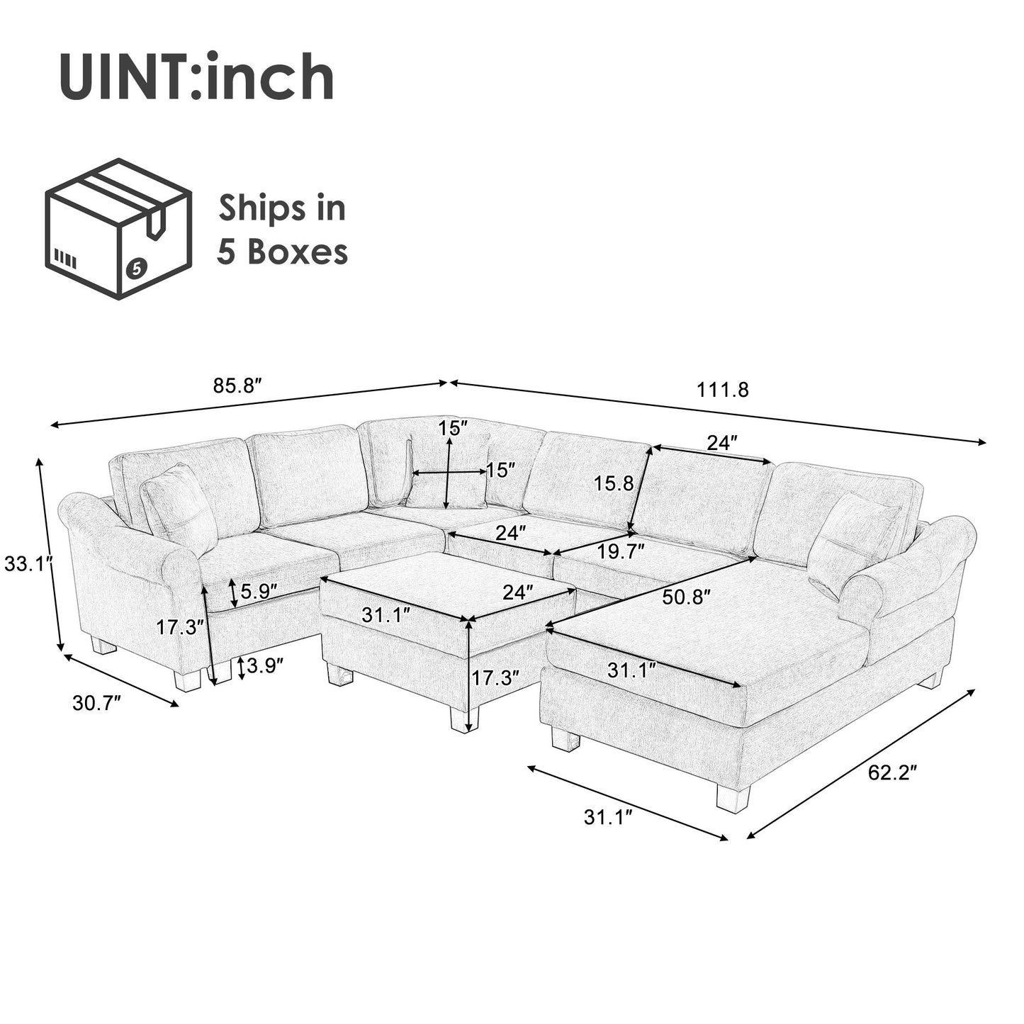 Contemporary U - Shaped Sectional Sofa With Movable Storage Ottoman Hearth and Haven