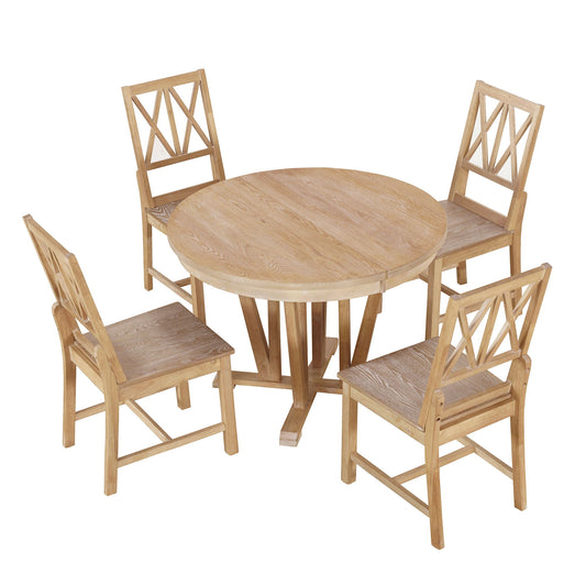 Topmax - 5 Piece Rustic Extendable Dining Table Set Round Trestle Table And 4 Cross Back Dining Chairs For Kitchen, Dining Room Hearth and Haven