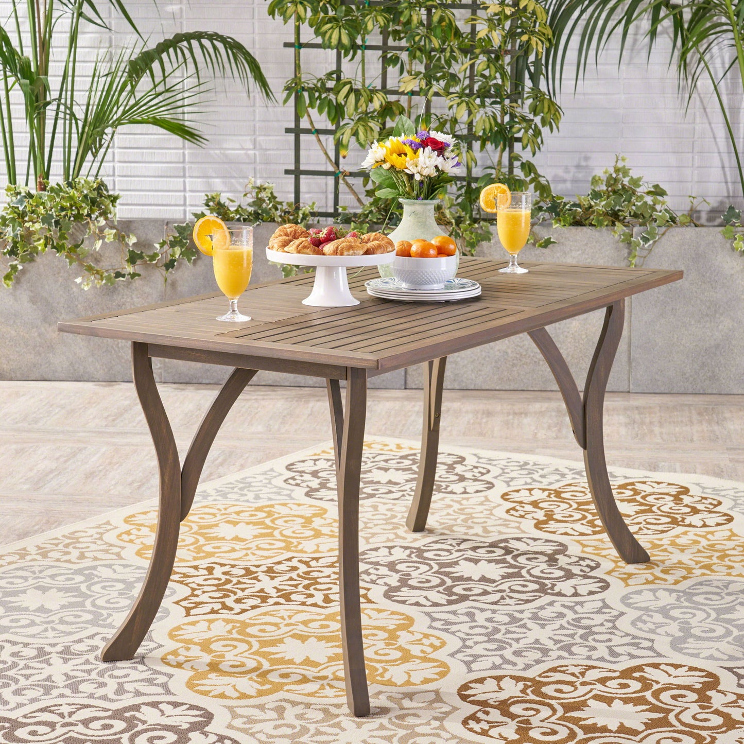 Transitional Acacia Wood Dining Table With Slat Panel Top - Gray Noble House