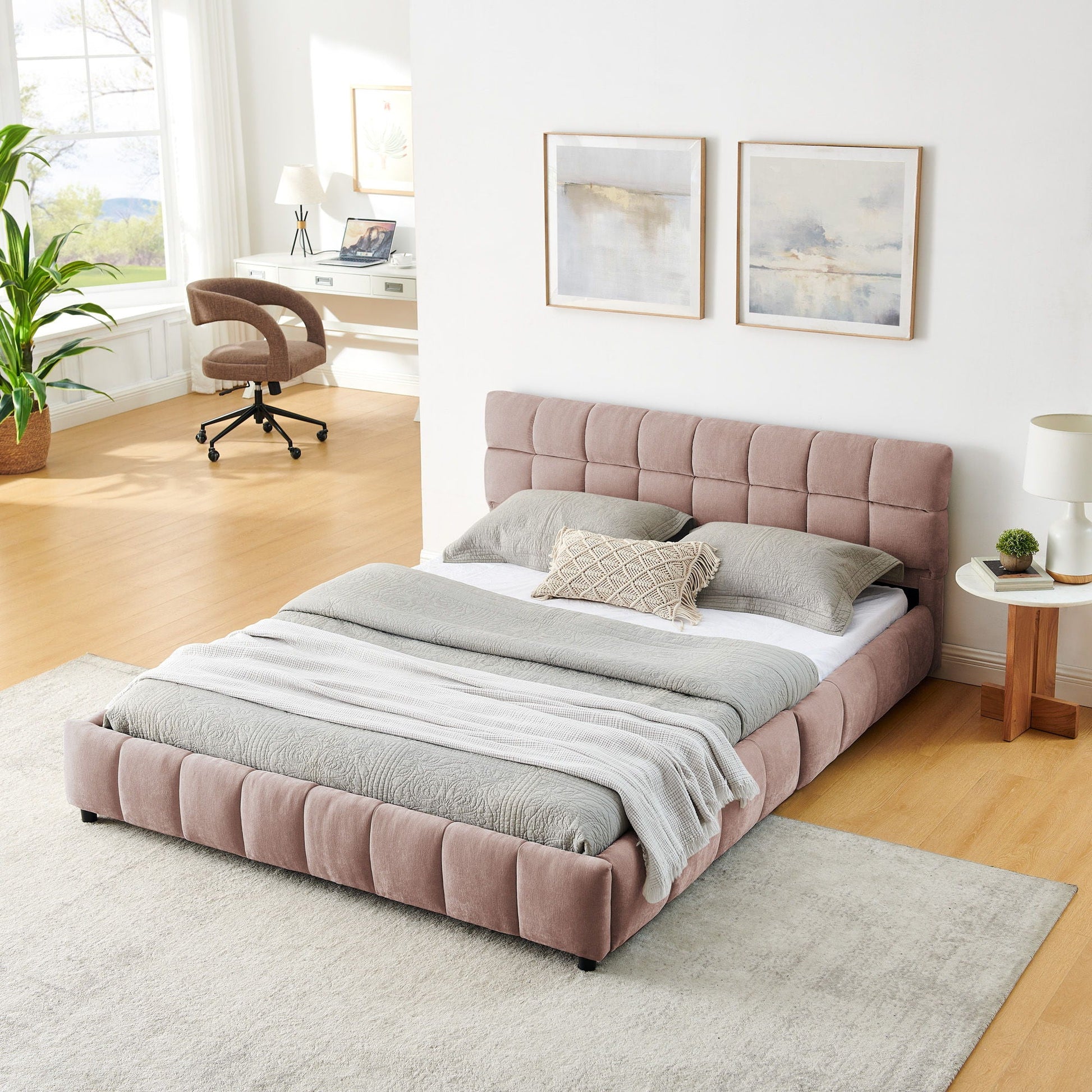 Modern Platform Bed Frame With Thick Chenille Fabric Home Essentials