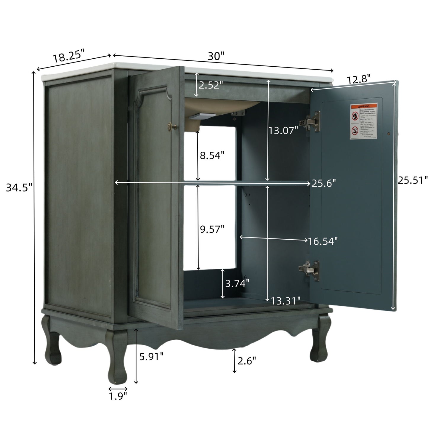 Vintage Bathroom Vanity With Ceramic Sink, Adjustable Shelves Noble House