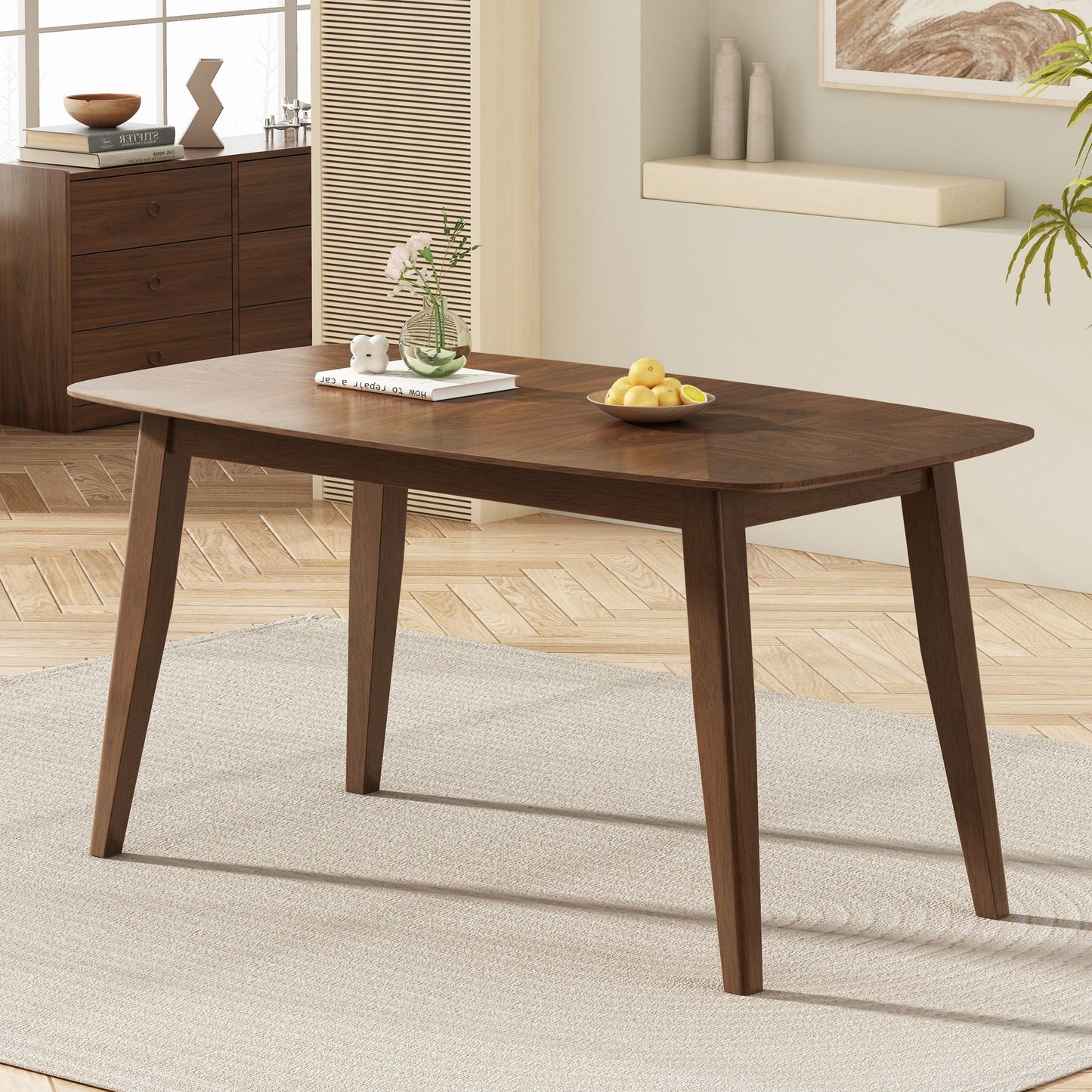 Mid Century Style Wood Dining Table With Rounded Corners - Walnut Noble House