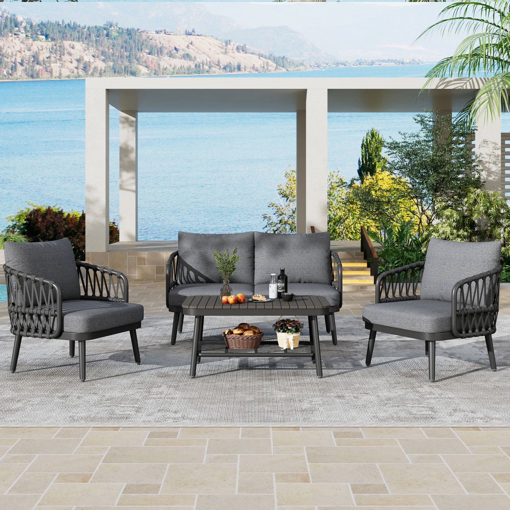 4 Piece Outdoor Patio Furniture Set, Metal Chairs With Woven Rope U Shaped Backrest Noble House
