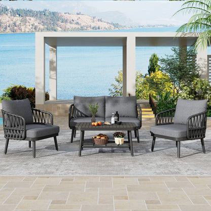 4 Piece Outdoor Patio Furniture Set, Metal Chairs With Woven Rope U Shaped Backrest Noble House