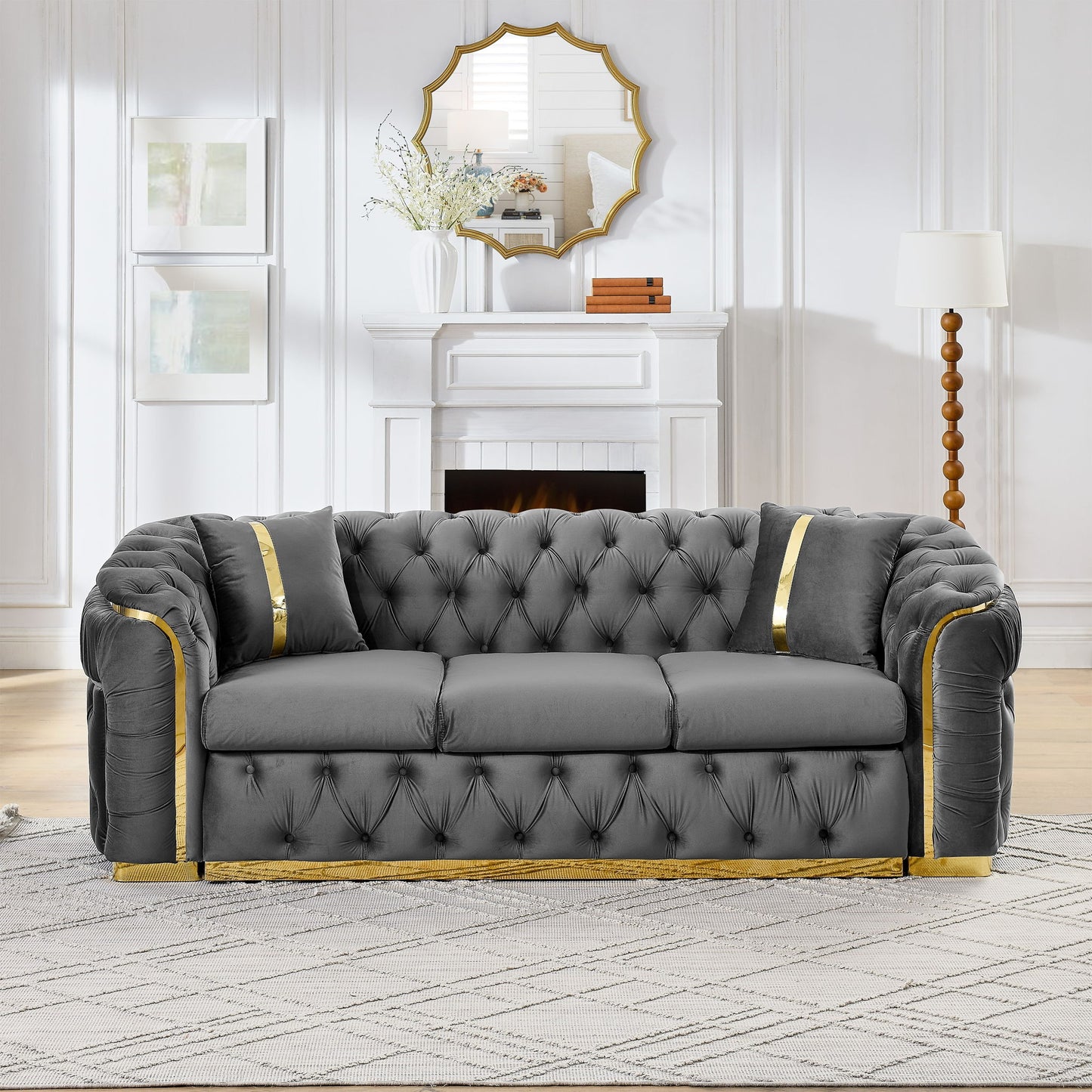 Button Tufted Couch With 2 Pillows, 3 Seater Luxury Chesterfield Sofa Home Essentials