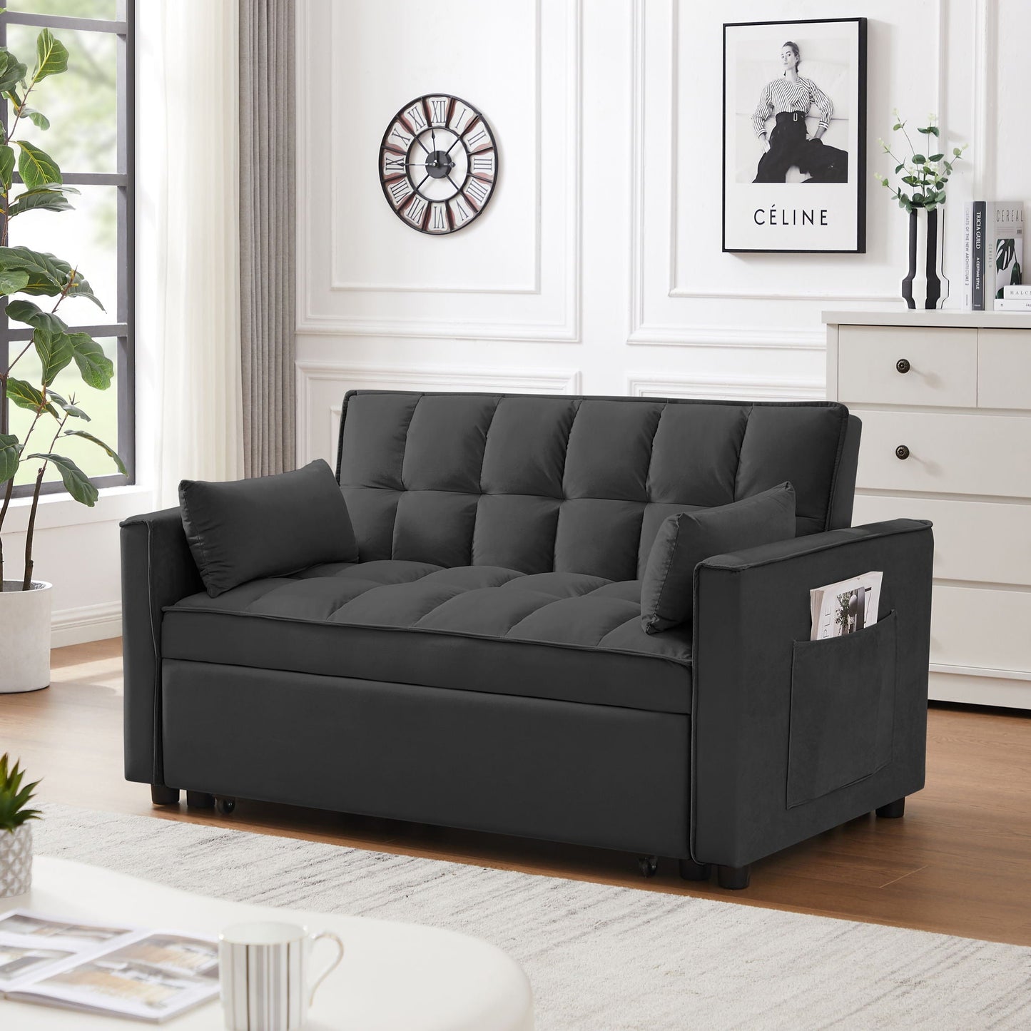 Modern Velvet Convertible Loveseat Futon Sofa With Pullout Bed, Reclining Backrest Home Essentials