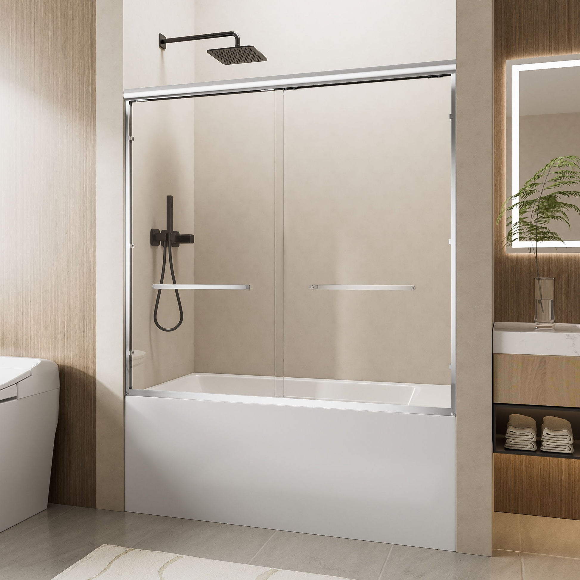 Aluminum Frame Double Double Soft Close Shower Door, Tempered Glass And Dual Stainless Steel Handles Daily Nest