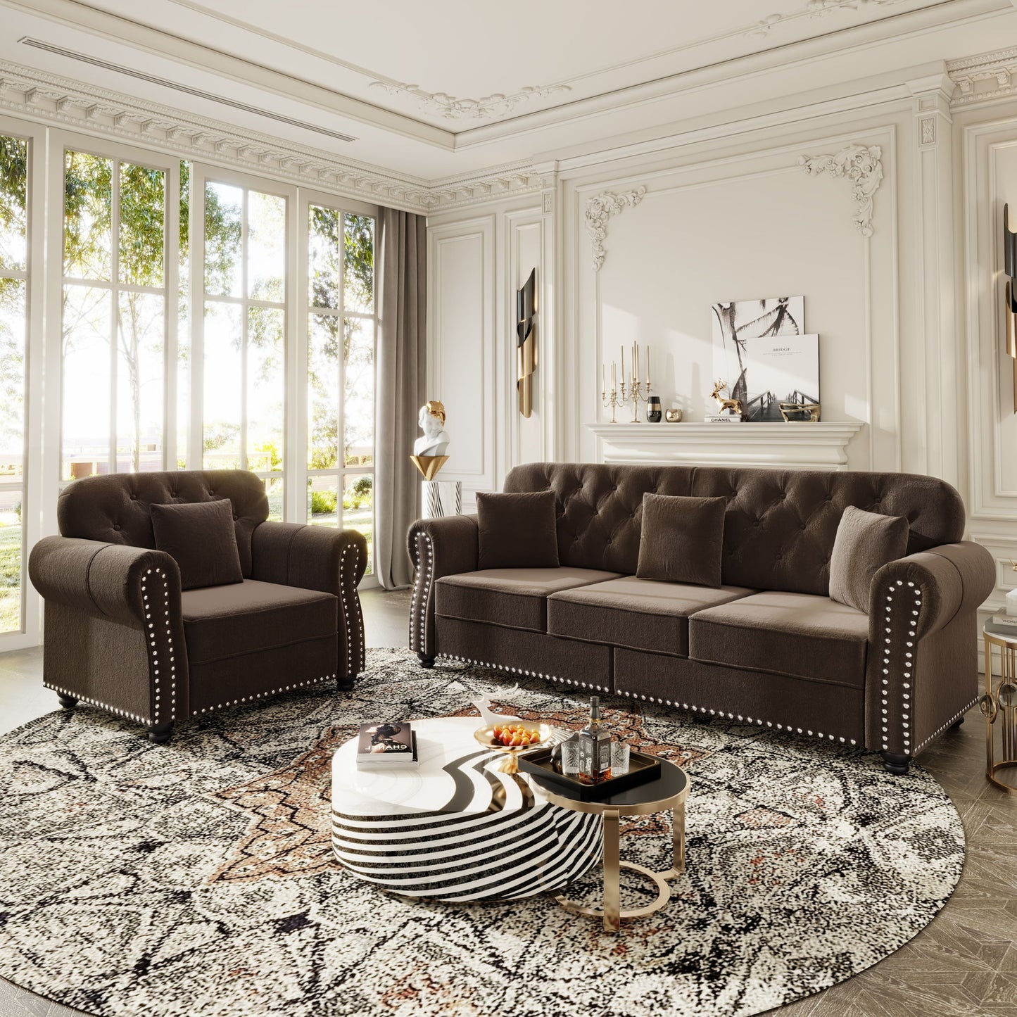 Upholstered Sofa Set With Nailhead Trim And Rolled Armrests, Includes Pillows Home Essentials