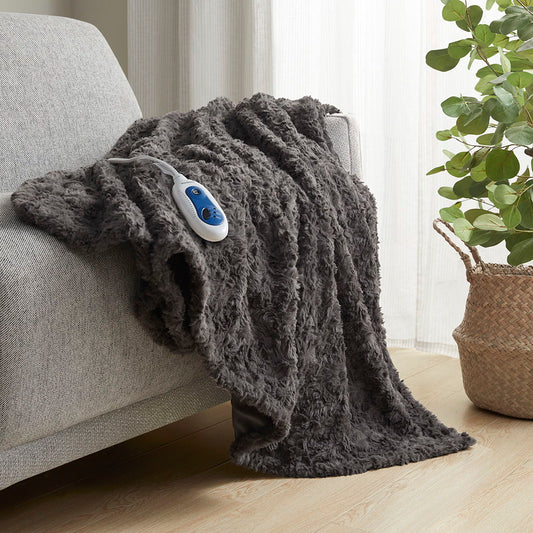 Zuri - Oversized Faux Fur Heated Throw - Dark Gray