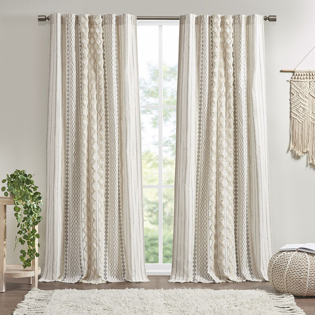 Imani - Cotton Printed Curtain Panel With Chenille Stripe And Lining - Ivory