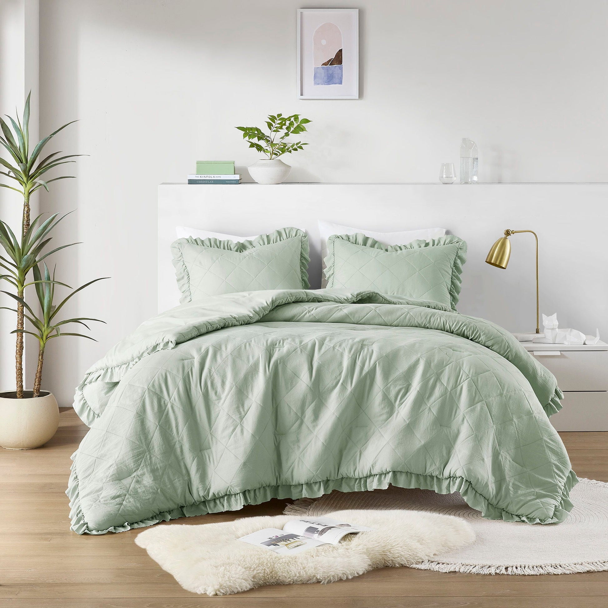 Phoebe - King/California King Diamond Quilted Ruffle Edge Comforter Set - Sage Super Listing