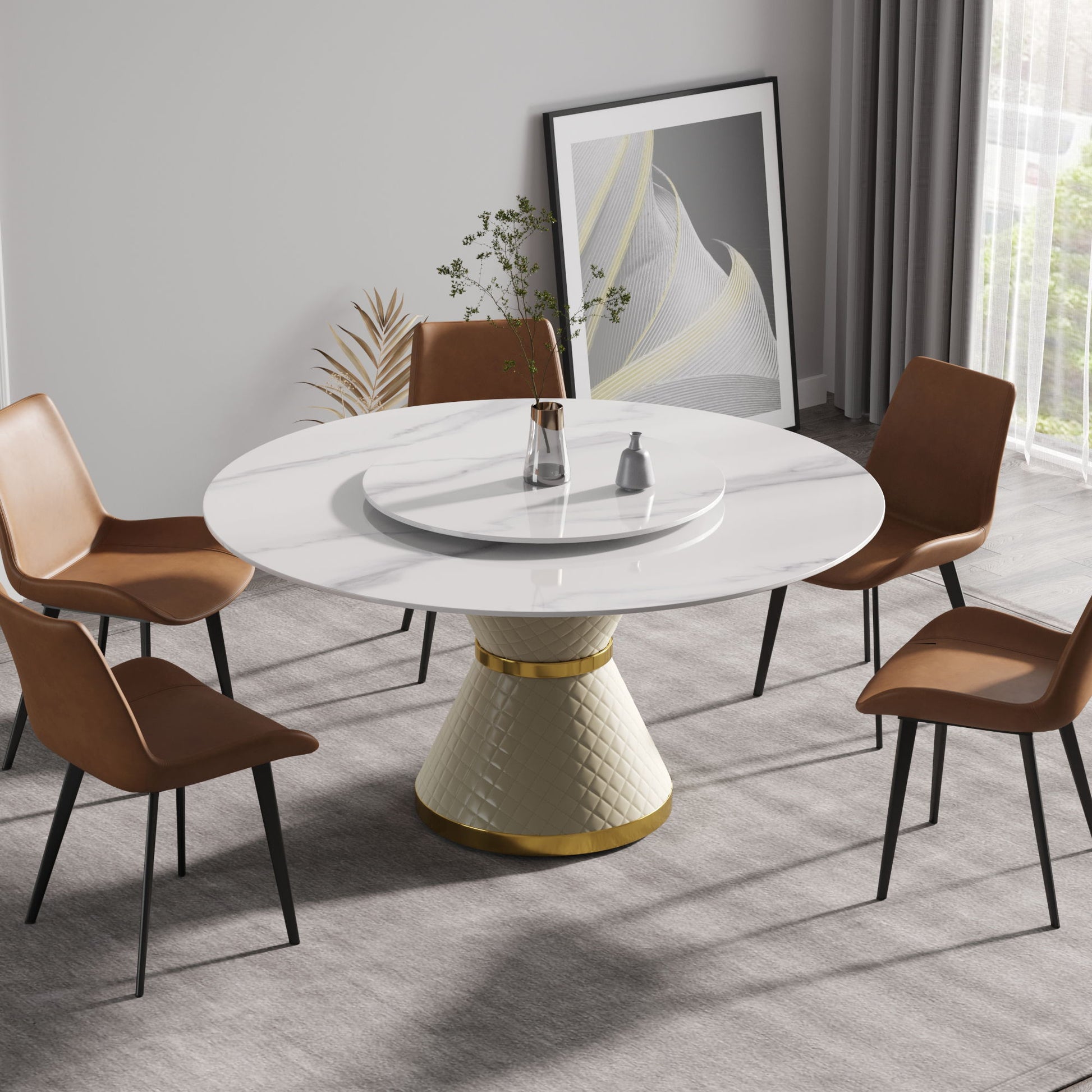 Modern Artificial Stone Round Carbon Steel Base Dining Table Stone Turntable Home Essentials