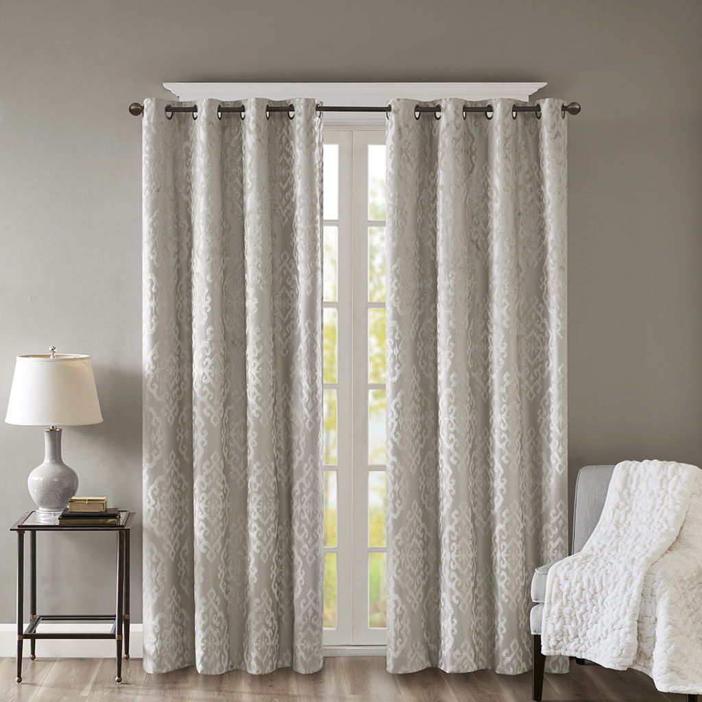 Mirage - 108" Knitted Damask Total Blackout Grommet Top Curtain Panel - Gray