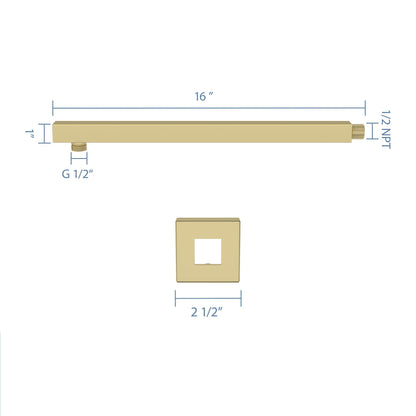 Wall Mounted Shower Arm With Flange, 16" Stainless Steel For Rain Shower Heads - Gold Daily Nest