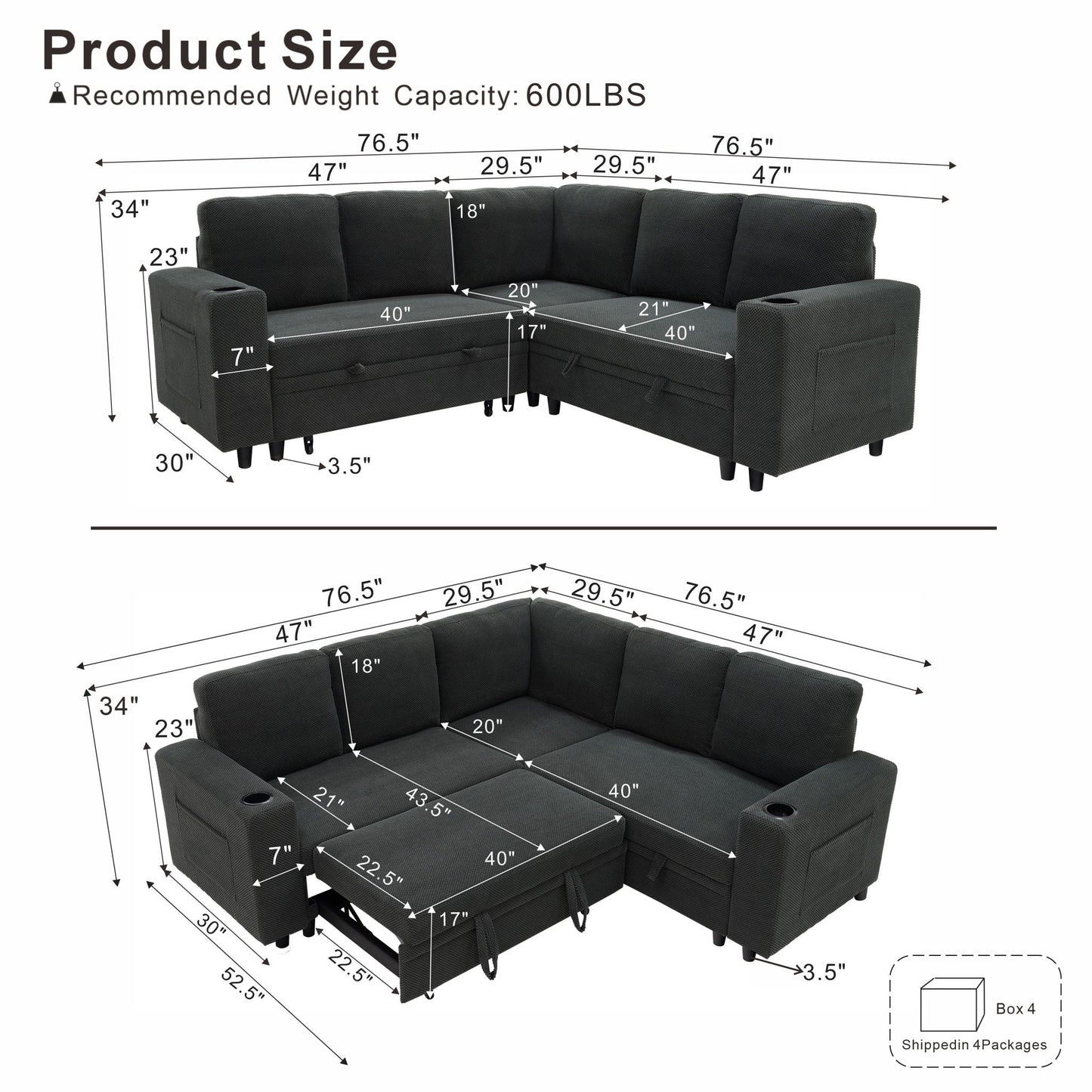 Upholstered L - Shape Sectional Sofa Bed With Pull Out Sleeper And Storage Home Essentials