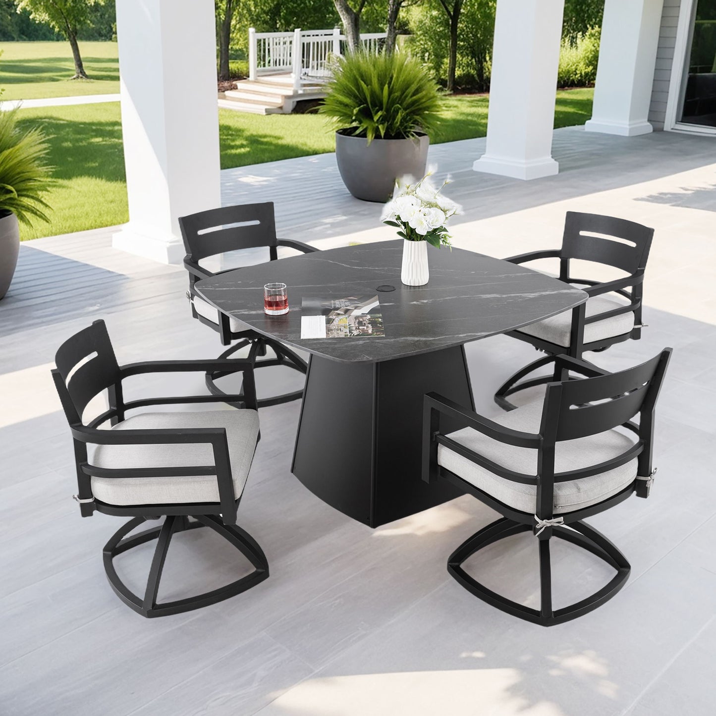 Outdoor Patio Dining Set, Squircle Dining Table, Dining Chairs With Sunbrella Cushions Life Outside