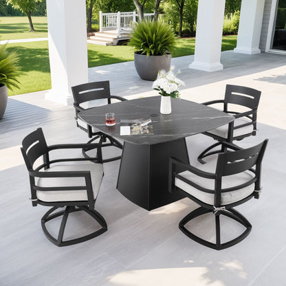 Outdoor Patio Dining Set, Squircle Dining Table, Dining Chairs With Sunbrella Cushions Life Outside
