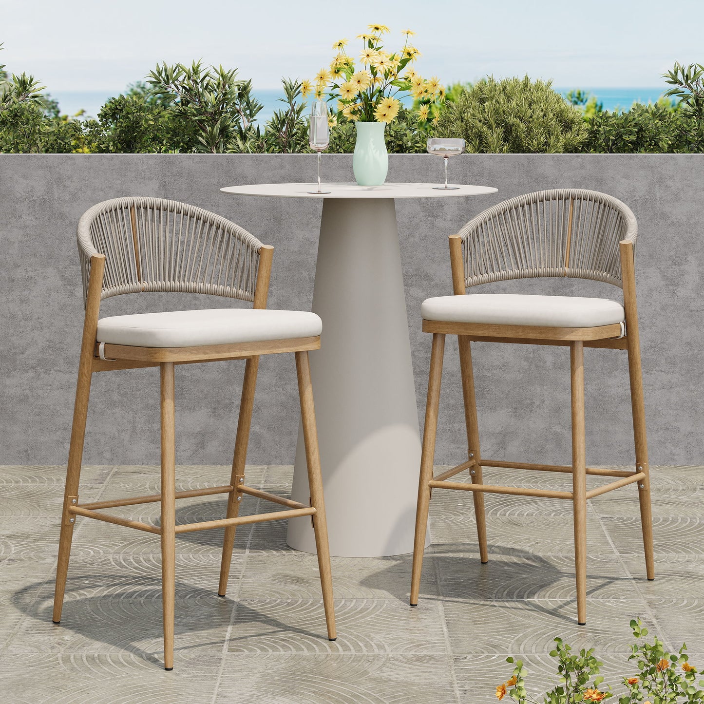 Outdoor Bar Height Metal Frame Counter Stools With Scallop Shaped Backrest & Water Resistant Cushions Noble House